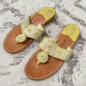Jack Rogers Navajo Yellow Pastel Multi Plaid Leather Flip Flop Sandals 9